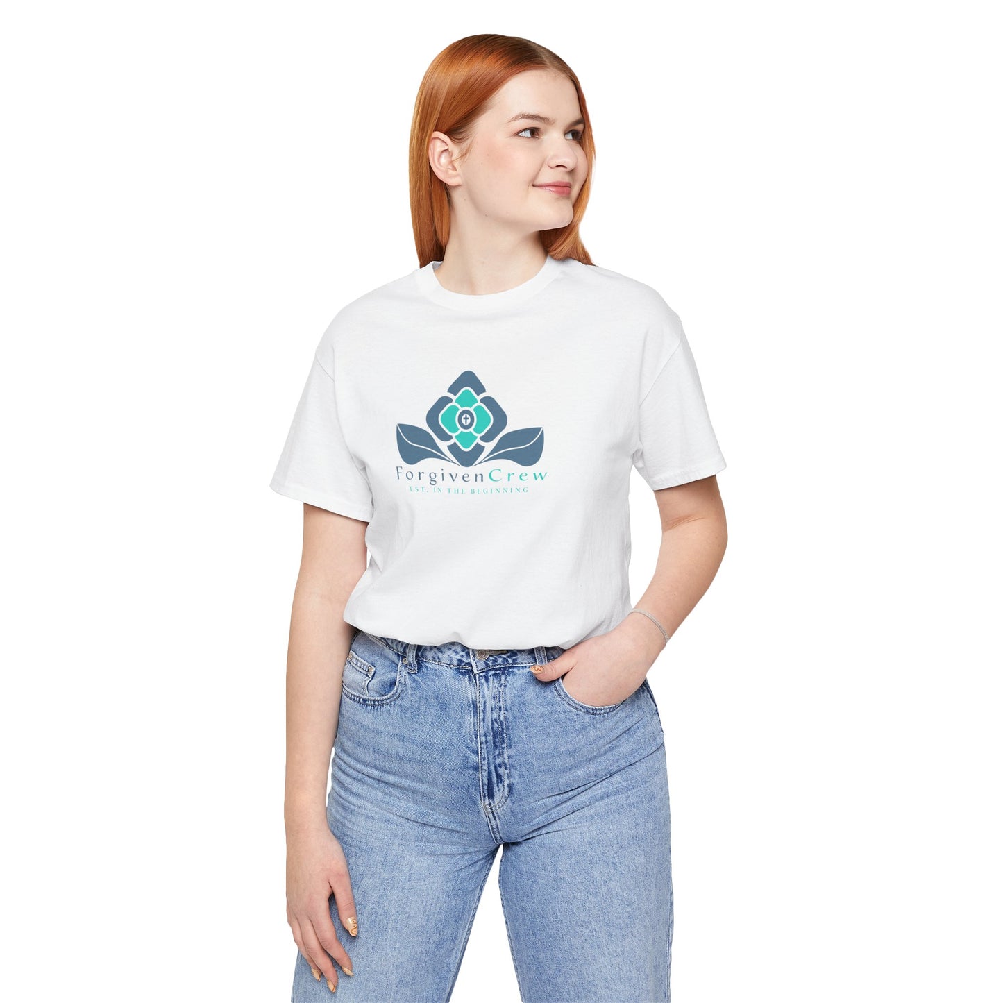 Forgiven Crew Christian Clothing Model showing the front of the white christian t-shirt, Christian shirt has a blue 2 tones flower with forgiven crew and est. in the beginning printed below the flower