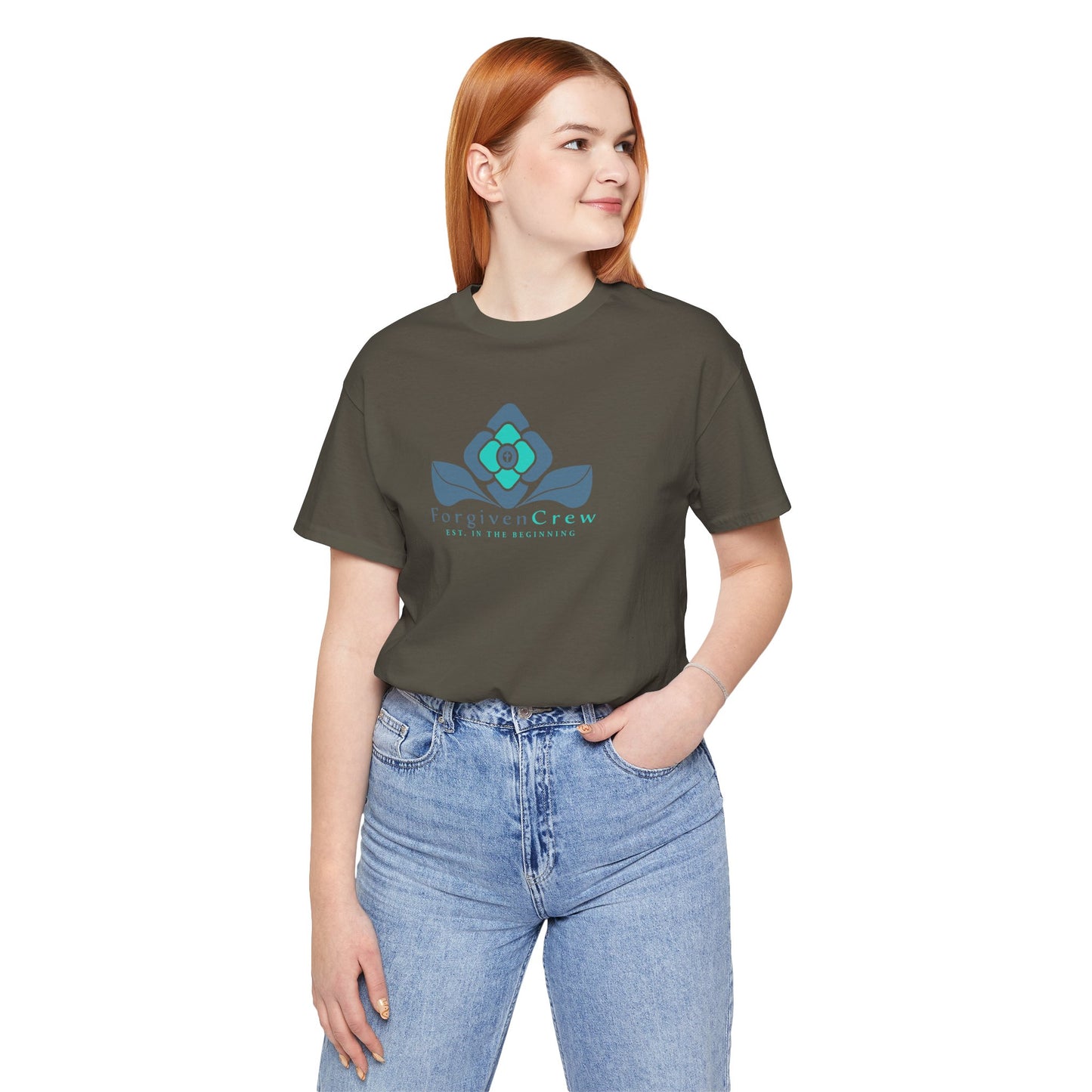 Forgiven Crew Christian Clothing Model showing the front of the green christian t-shirt, Christian shirt has a blue 2 tones flower with forgiven crew and est. in the beginning printed below the flower