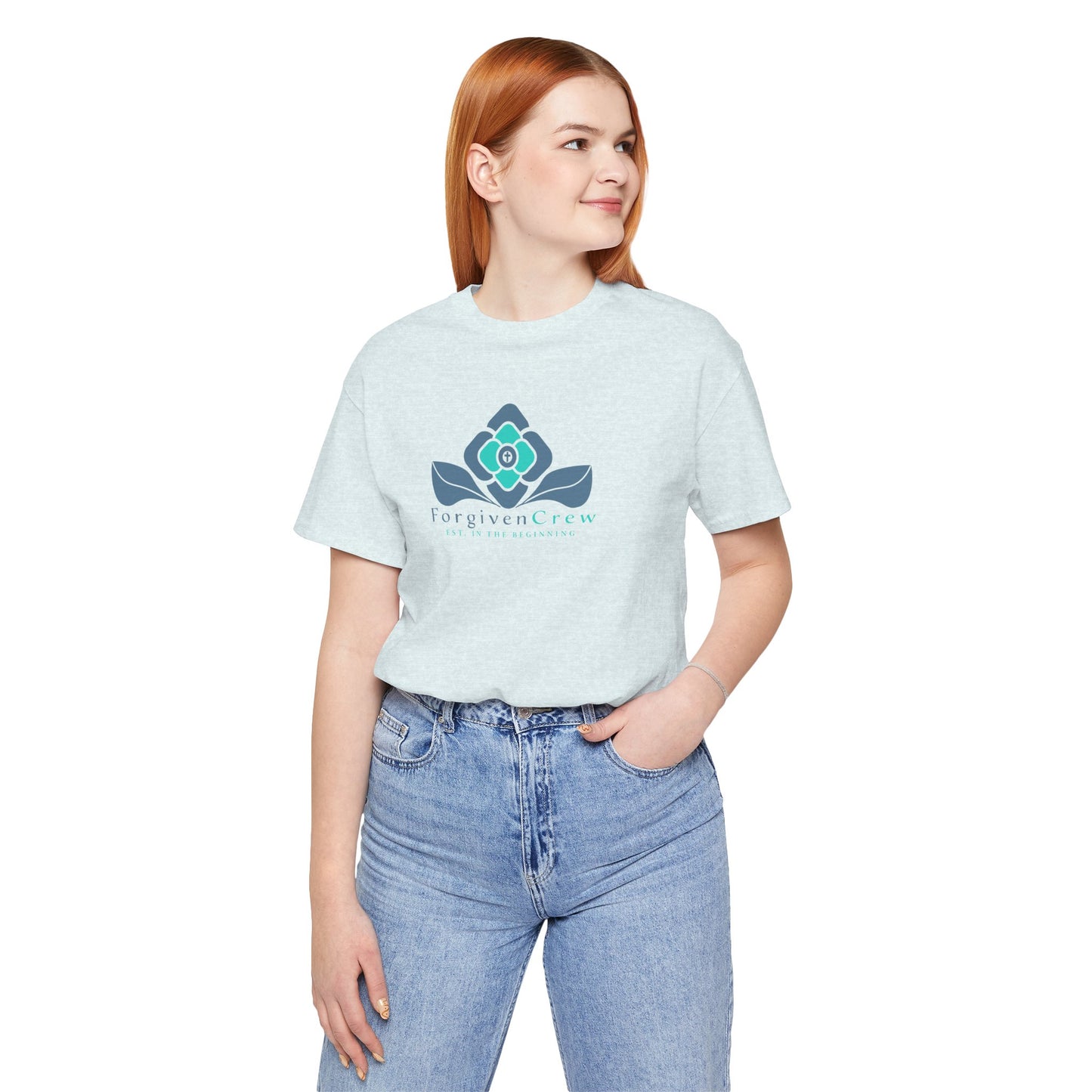 Forgiven Crew Christian Clothing Model showing the front of the heather white christian t-shirt, Christian shirt has a blue 2 tones flower with forgiven crew and est. in the beginning printed below the flower