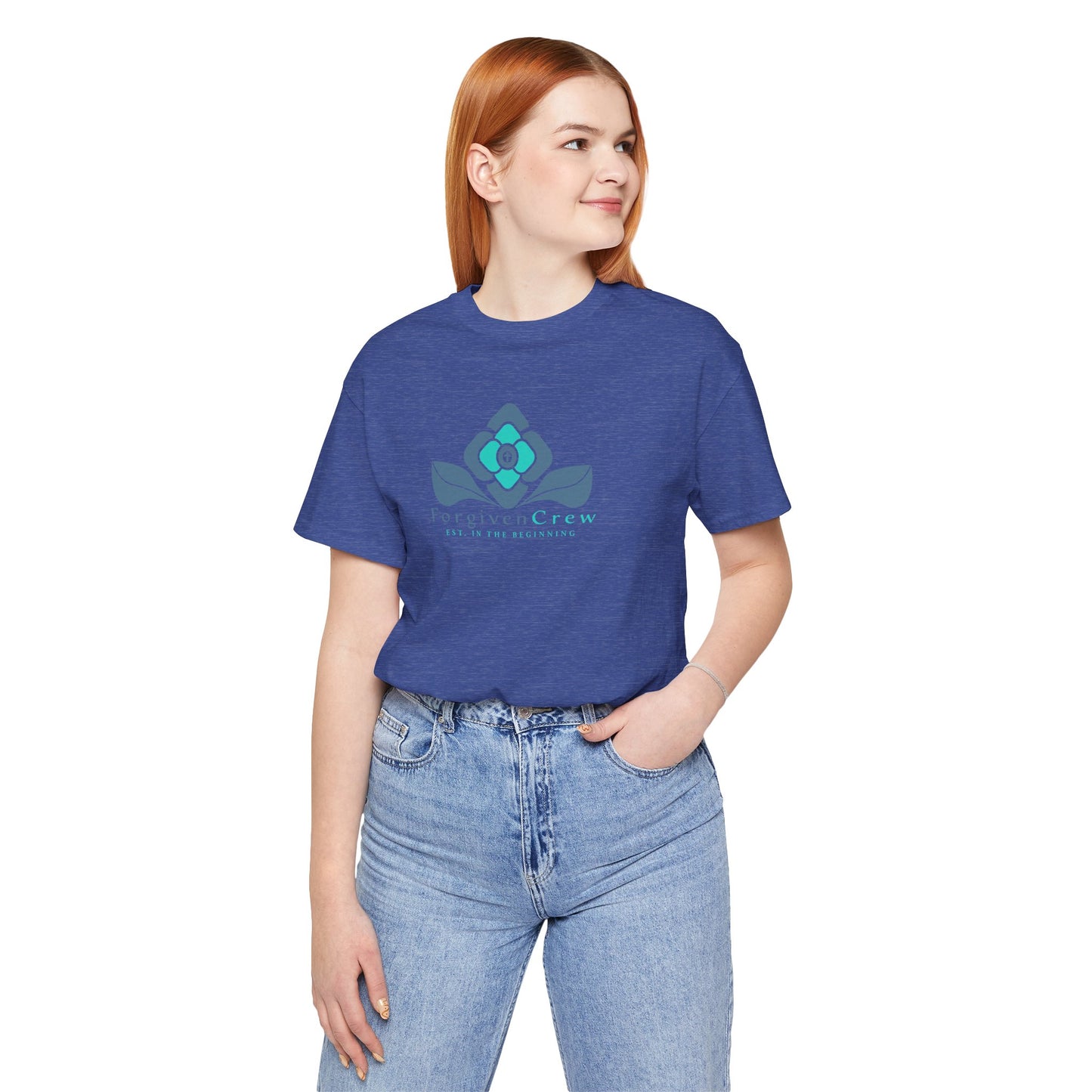 Forgiven Crew Christian Clothing Model showing the front of the heather blue christian t-shirt, Christian shirt has a blue 2 tones flower with forgiven crew and est. in the beginning printed below the flower