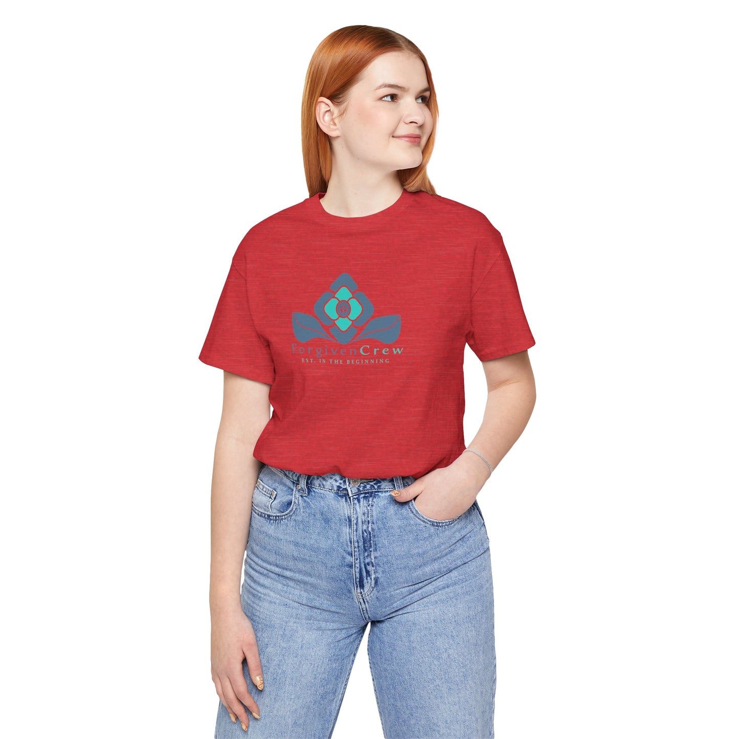Forgiven Crew Christian Clothing Model showing the front of the red christian t-shirt, Christian shirt has a blue 2 tones flower with forgiven crew and est. in the beginning printed below the flower