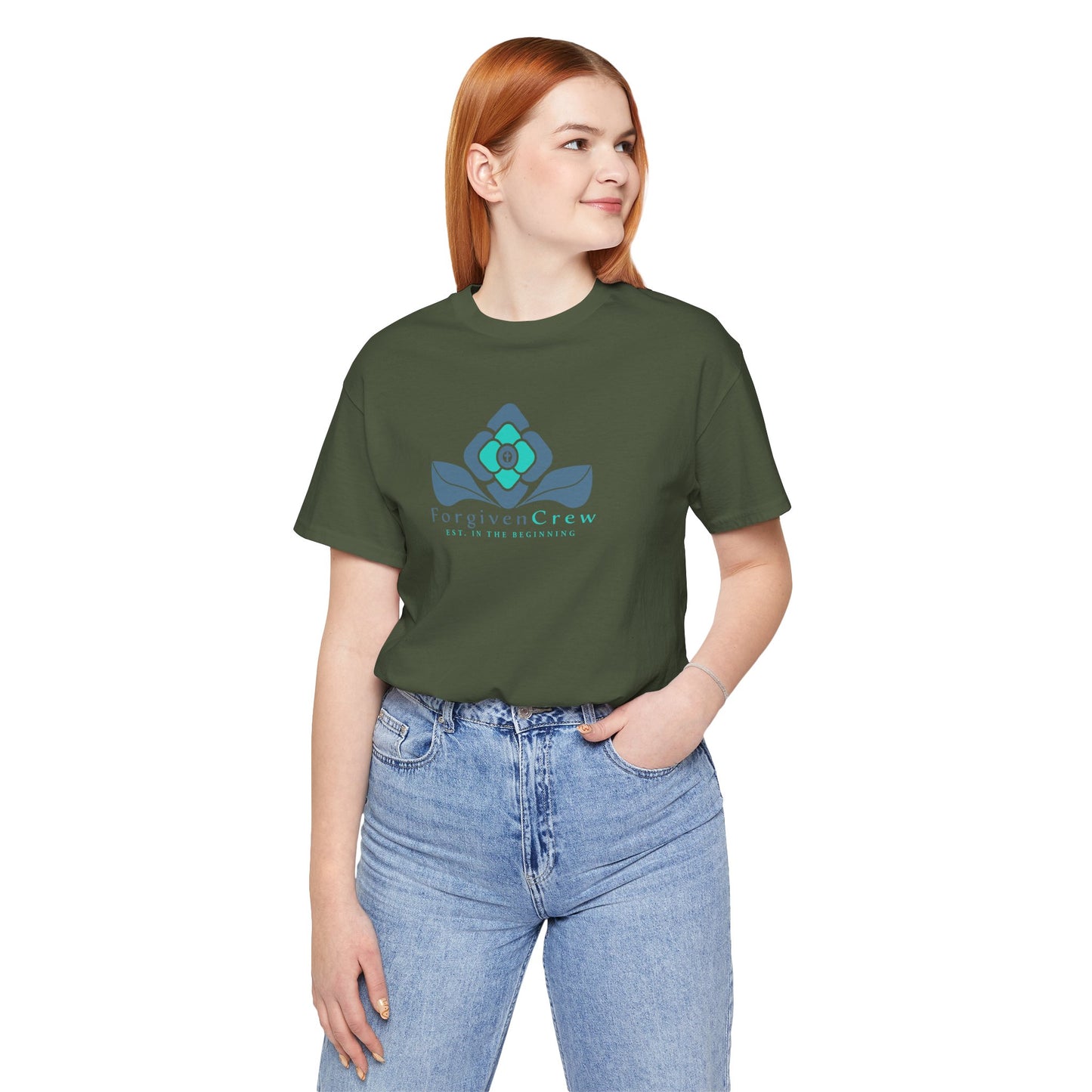Forgiven Crew Christian Clothing Model showing the front of the army green christian t-shirt, Christian shirt has a blue 2 tones flower with forgiven crew and est. in the beginning printed below the flower