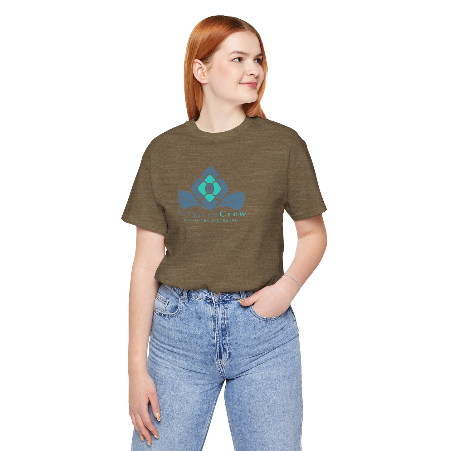 Forgiven Crew Christian Clothing Model showing the front of the heather green christian t-shirt, Christian shirt has a blue 2 tones flower with forgiven crew and est. in the beginning printed below the flower