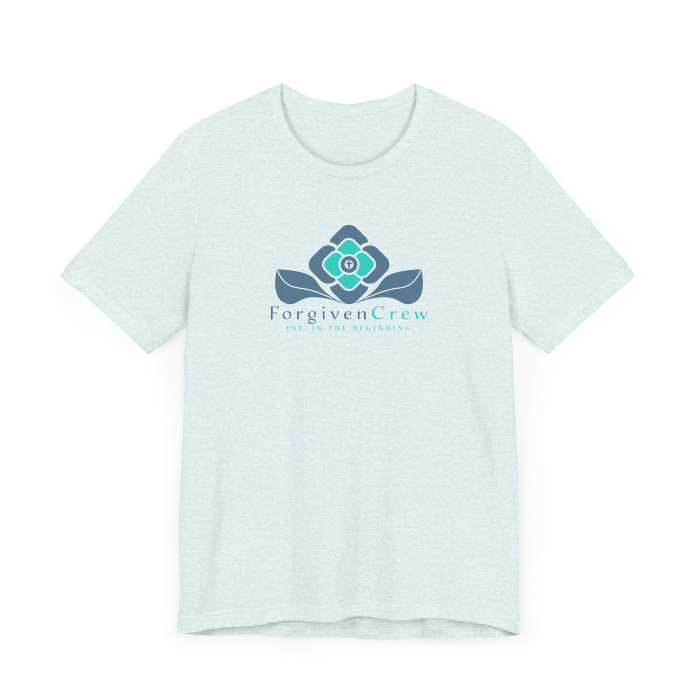 Forgiven Crew Christian Clothing heather white T-shirt Front with a 2x blue flower design, underneath is written forgiven crew and est. in the beginning .