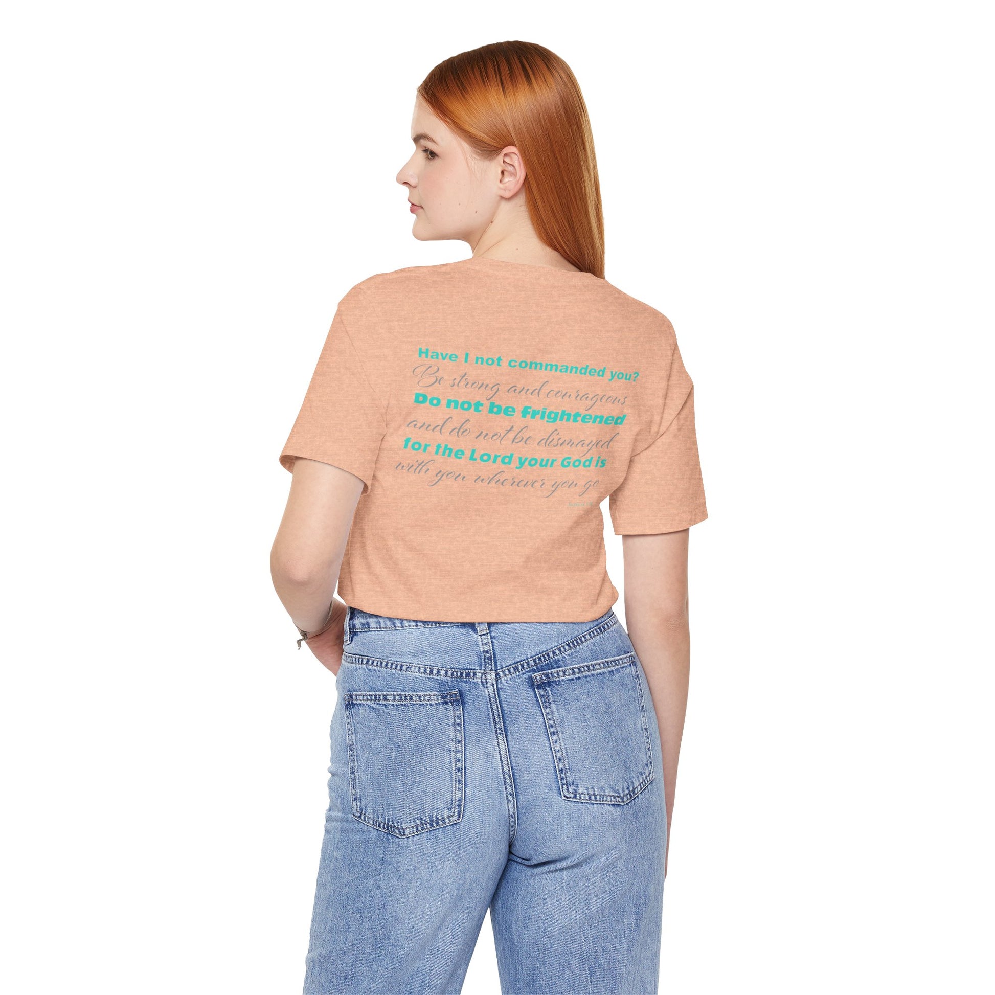 Forgiven Crew Christian Clothing Model showing the back of the christian t-shirt which has a bible verse Joshua 1:9 in a teal color