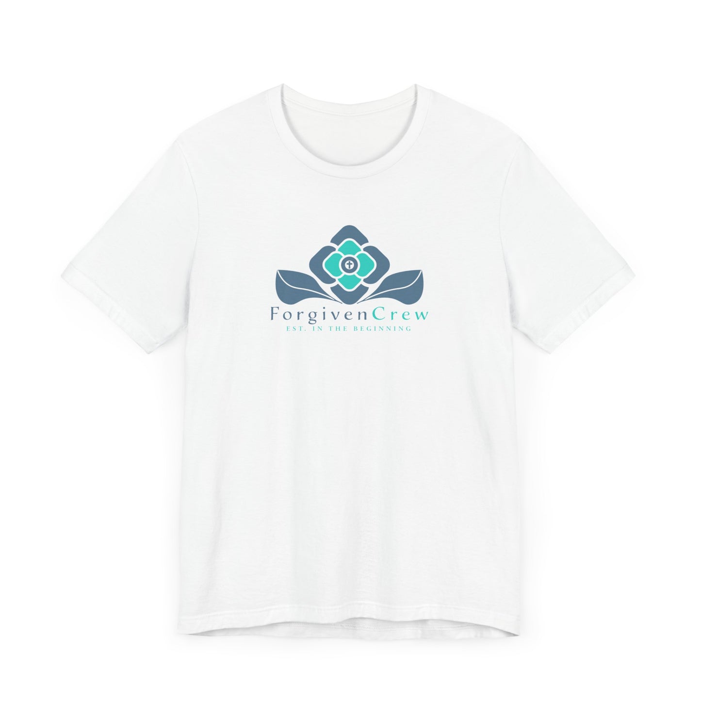 Forgiven Crew Christian Clothing white T-shirt Front with a 2x blue flower design, underneath is written forgiven crew and est. in the beginning .