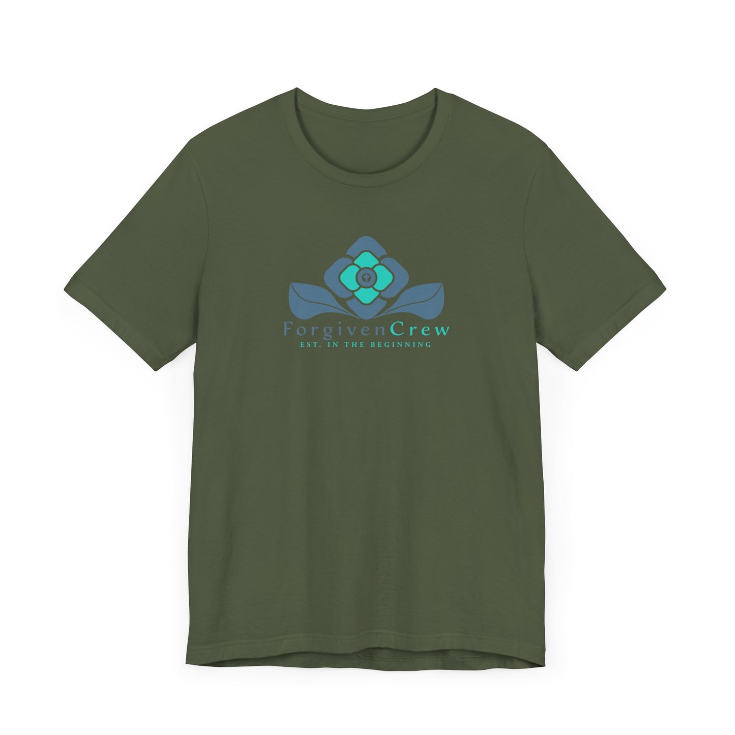 Forgiven Crew Christian Clothing army green T-shirt Front with a 2x blue flower design, underneath is written forgiven crew and est. in the beginning .