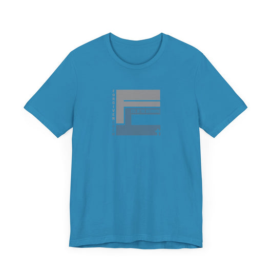 Forgiven Crew Christian clothing blue T-shirt featuring a 2X gray 'FC' design. The left side of the 'FC' includes 'Forgiven Crew,' with 'Est. in the Beginning' and a cross integrated into the logo.