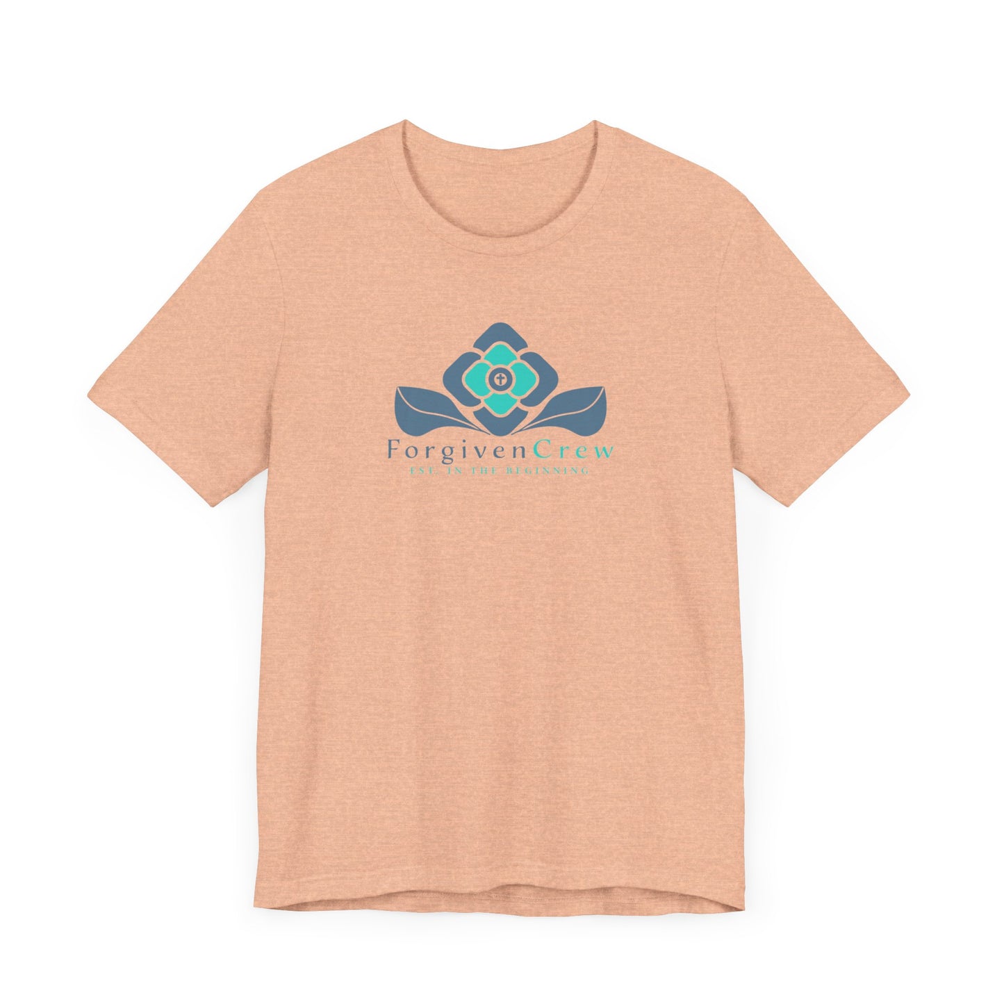 Forgiven Crew Christian Clothing heather peach T-shirt Front with a 2x blue flower design, underneath is written forgiven crew and est. in the beginning .